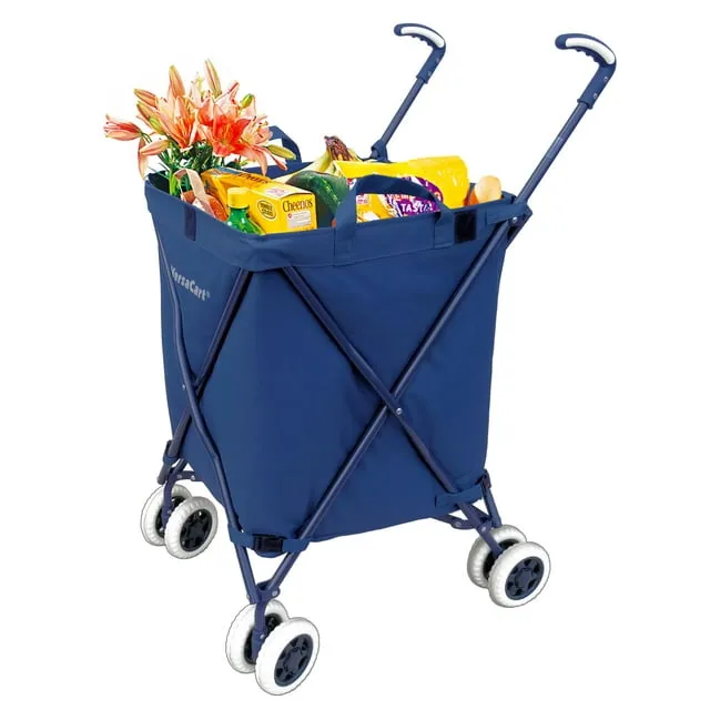 VersaCart Transit -The Original Patented Folding Shopping and Utility Cart, Water-Resistant Heavy-Duty Canvas with Cover, Double Front Swivel Wheels, Compact Folding, Transport Up to 120 Pounds, Blue