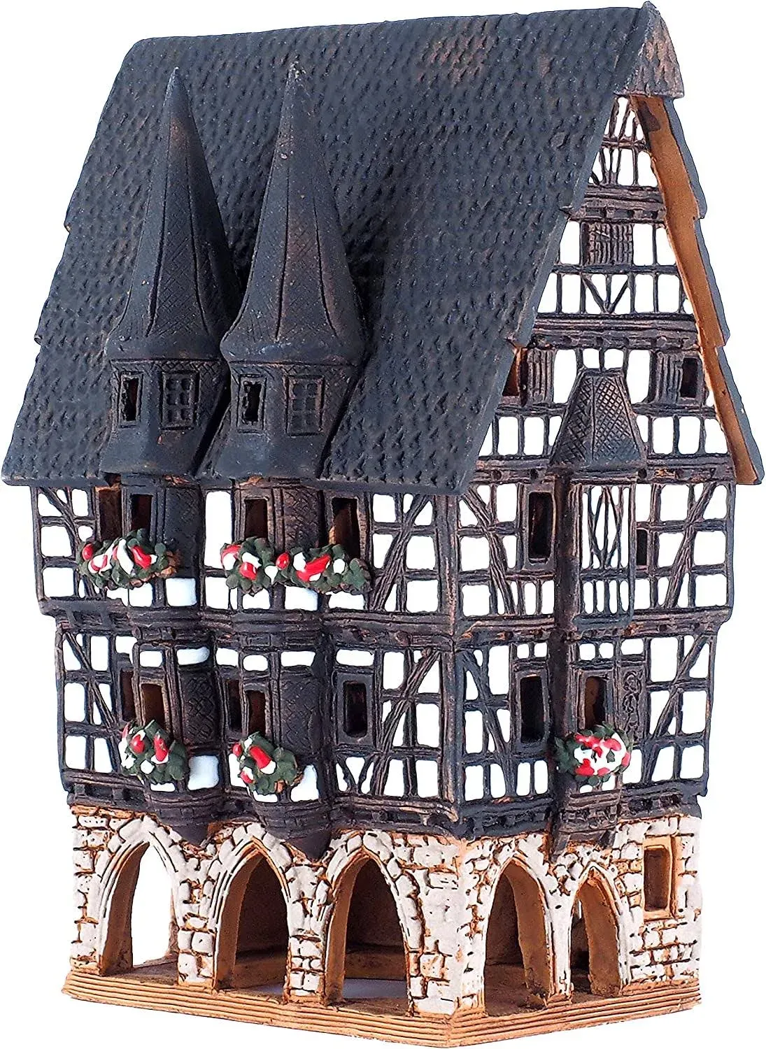 Ceramic Christmas Village Houses Collection - Collectible Handmade Miniature of Town Hall in Alsfeld Tiny House German - Tea Light Candle Holder B210N*