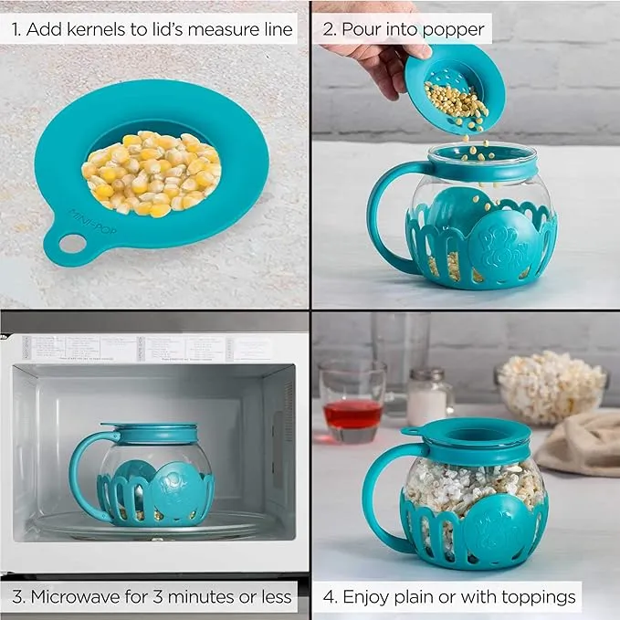 Ecolution Patented Micro-Pop Microwave Popcorn Popper with Temperature Safe Glass, 3-in-1 Lid Measures Kernels and Melts Butter, Made Without BPA, Dishwasher Safe, 3-Quart, Aqua