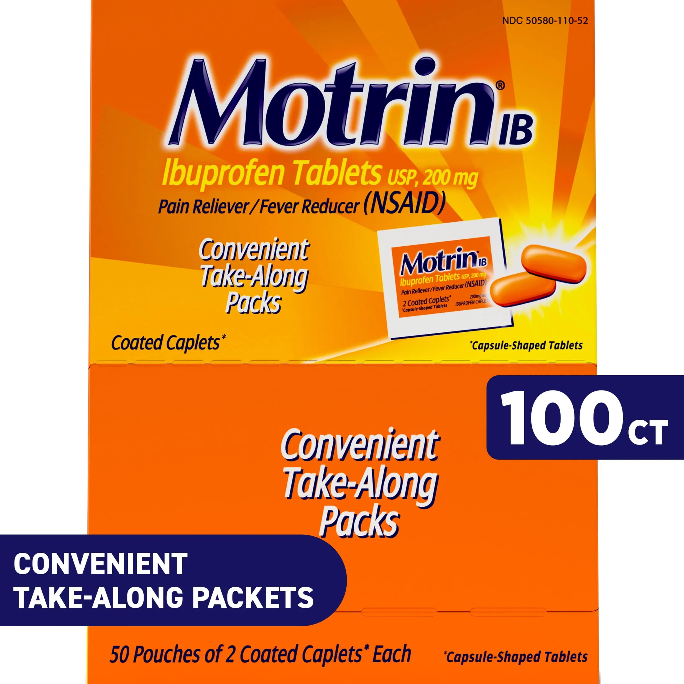 Motrin IB, Ibuprofen 200mg Tablets, Pain Reliever/Fever Reducer for Muscular Aches, Headache, Backache and Minor Arthritis Pain, Convenient for Travel & On-the-Go, 50 packets of 2, 100 ct