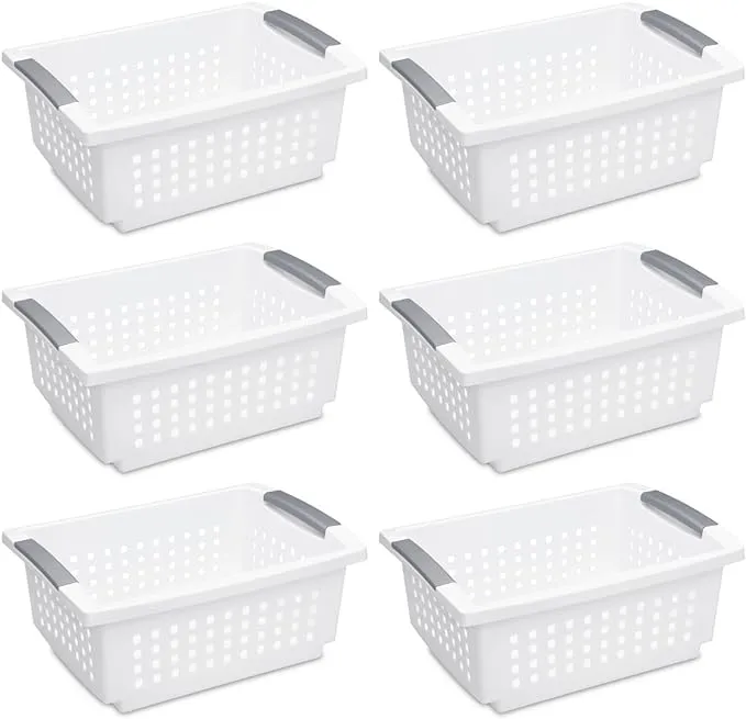 Sterilite 16628006 Medium Stacking Basket, White Basket w/ Titanium Accents, 6-Pack