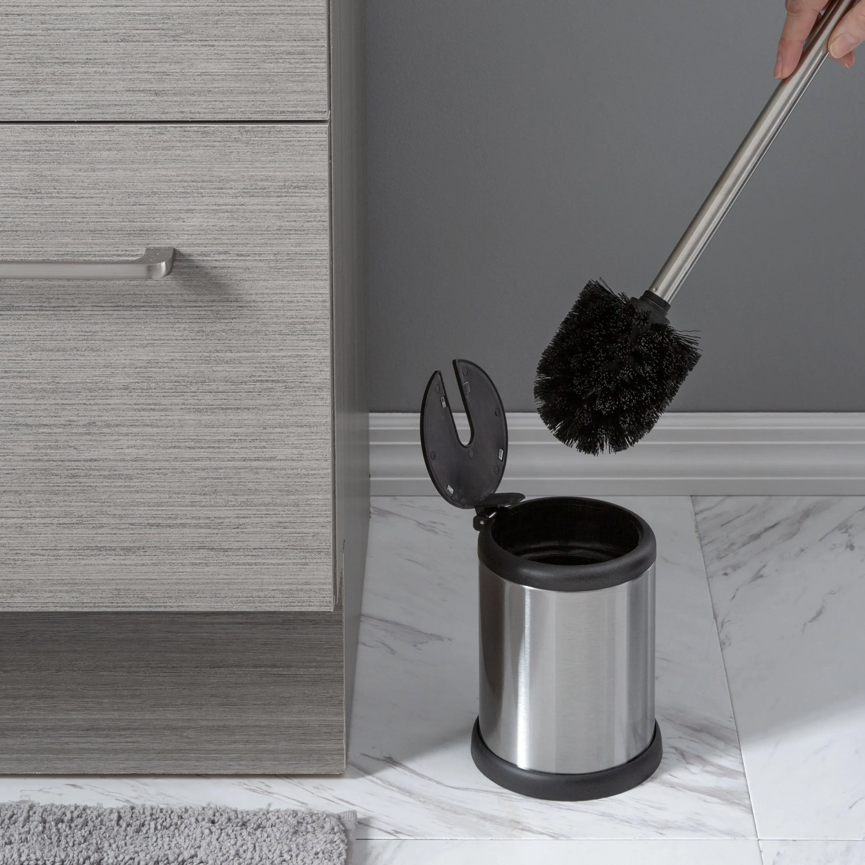 Self Closing Lid Stainless Steel Toilet Brush And Holder