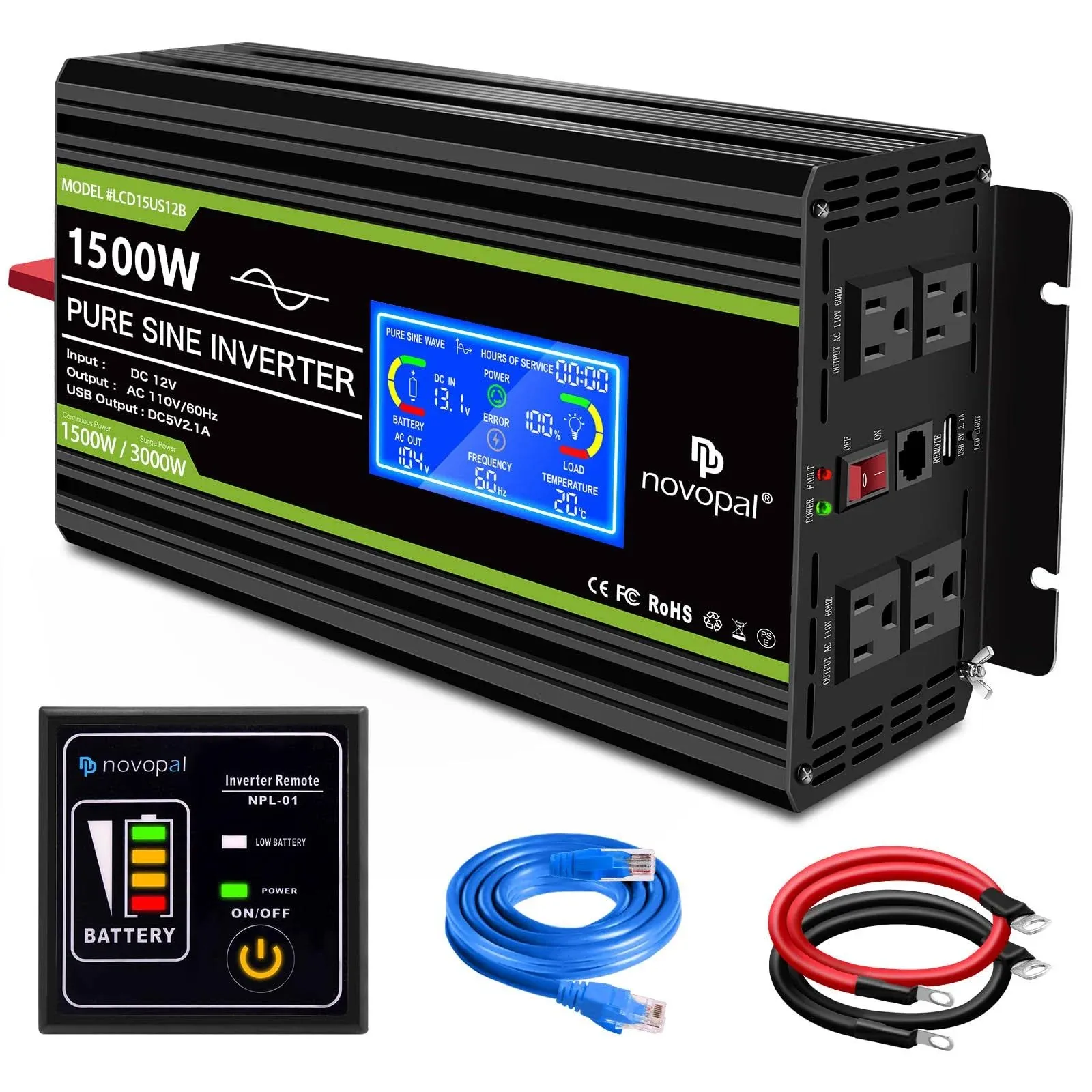 Novopal 1500 watt Pure Sine Wave Power Inverter DC 12V to 110V/120V Converter 4 AC Outlets Car Inverters with USB Port 16.4 Feet Remote Control and LCD Display