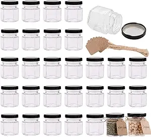 Encheng 1.5 oz Clear Hexagon Jars,Small Glass Jars With Lids(black),Mason Jars For Herbs,Foods,Jams,Liquid,Mini Spice Jars For Storage 30 Pack