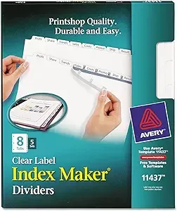 Avery Print and Apply Index Maker Clear Label Dividers 8 White Tabs Letter 5 Sets