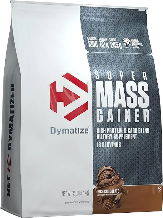 Dymatize Super Mass Gainer Protein Powder, 1280 Calories & 52g Protein,10.7g BCAAs, Mixes Easily, Tastes Delicious, Rich Chocolate, 12 lbs
