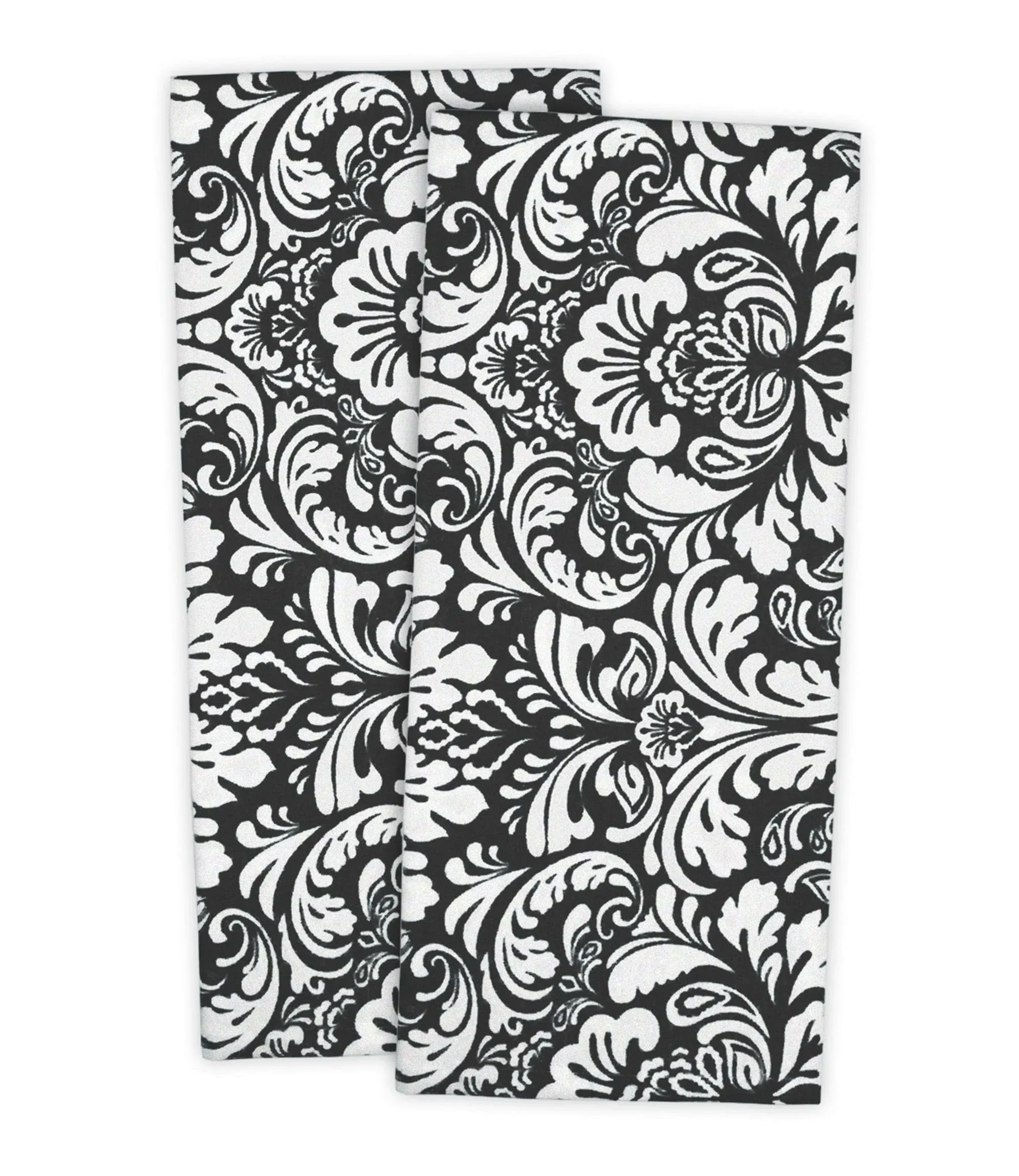 DII Cotton Dish Towel Set Damask Print, 18x28, Black, 2 Count