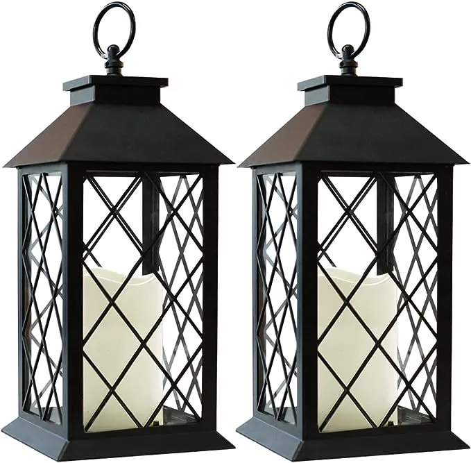 Bright Zeal 2-Pack 13.5" Vintage Candle Lantern with LED Pillar Candle (Black, 6hr Timer) - IP44 Waterproof Battery Powered Candle Lantern - Outdoor Patio Hanging Lantern Decorative Tabletop Lantern