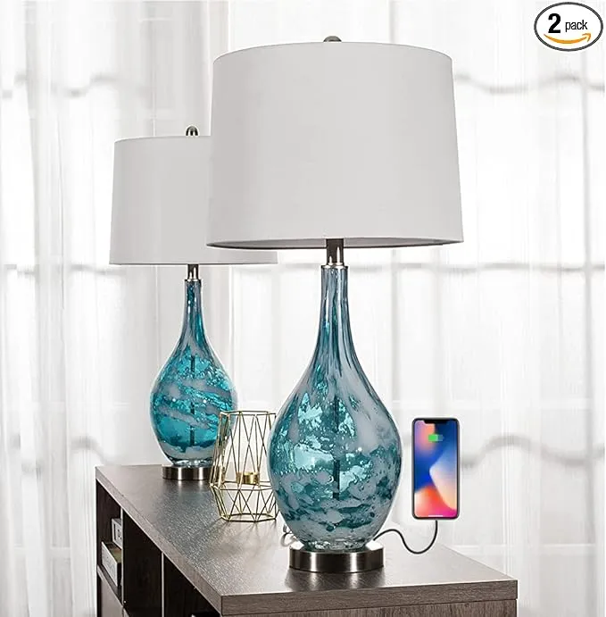 Maxax Glass Table Lamps Set of 2 with USB Charging Port, 3 Way Dimmable Nightstand Lights, Modern Bedside Lamp with White Shade for Bedroom, Living Room, Blue & Glod Finish (ETL Certified)