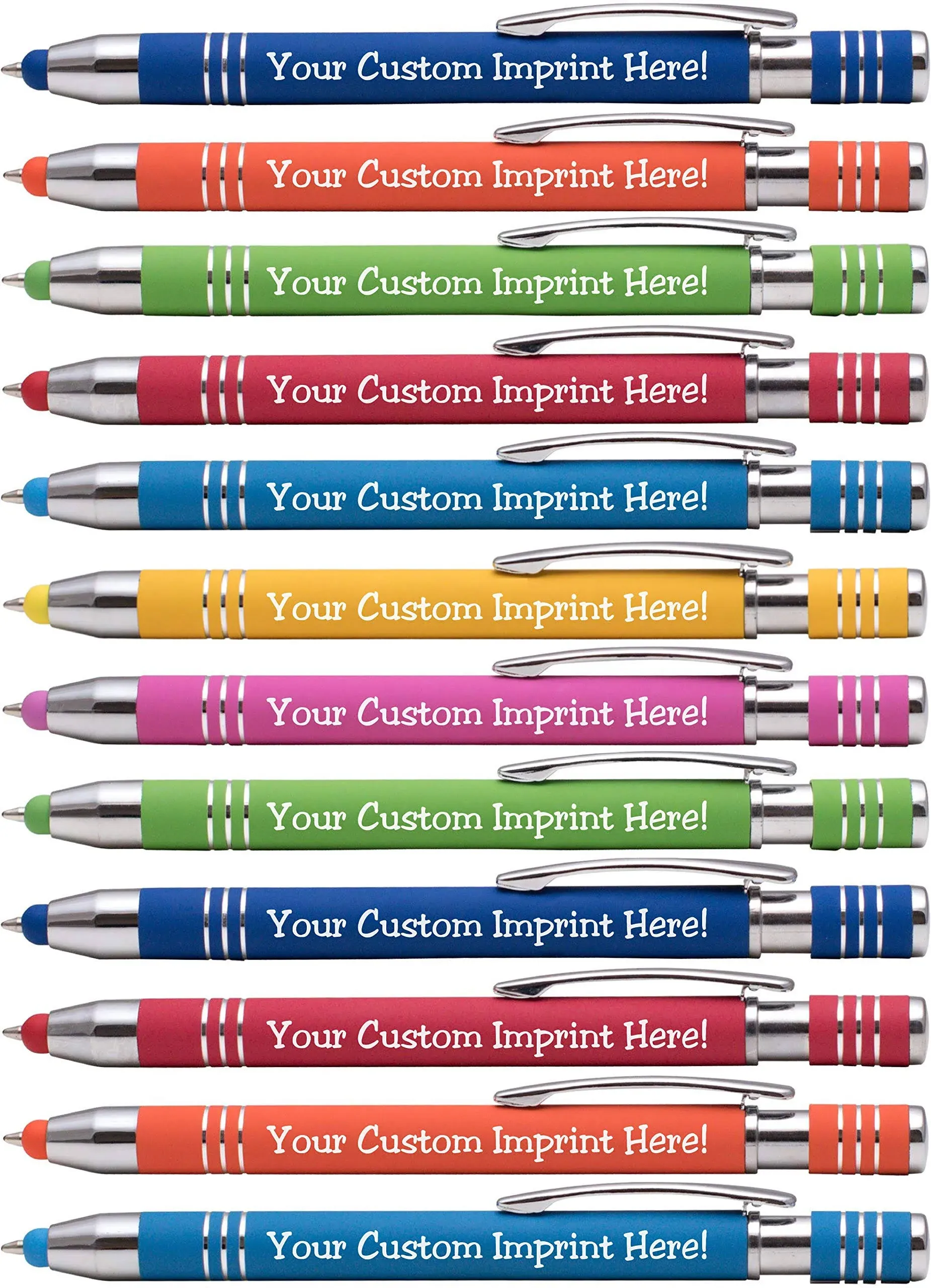 Soft-Touch Custom Pens with Stylus Personalized Metal Printed Name Pens - Black Ink - Imprinted Message of Choice - 12 Pcs/Pack (assorted)