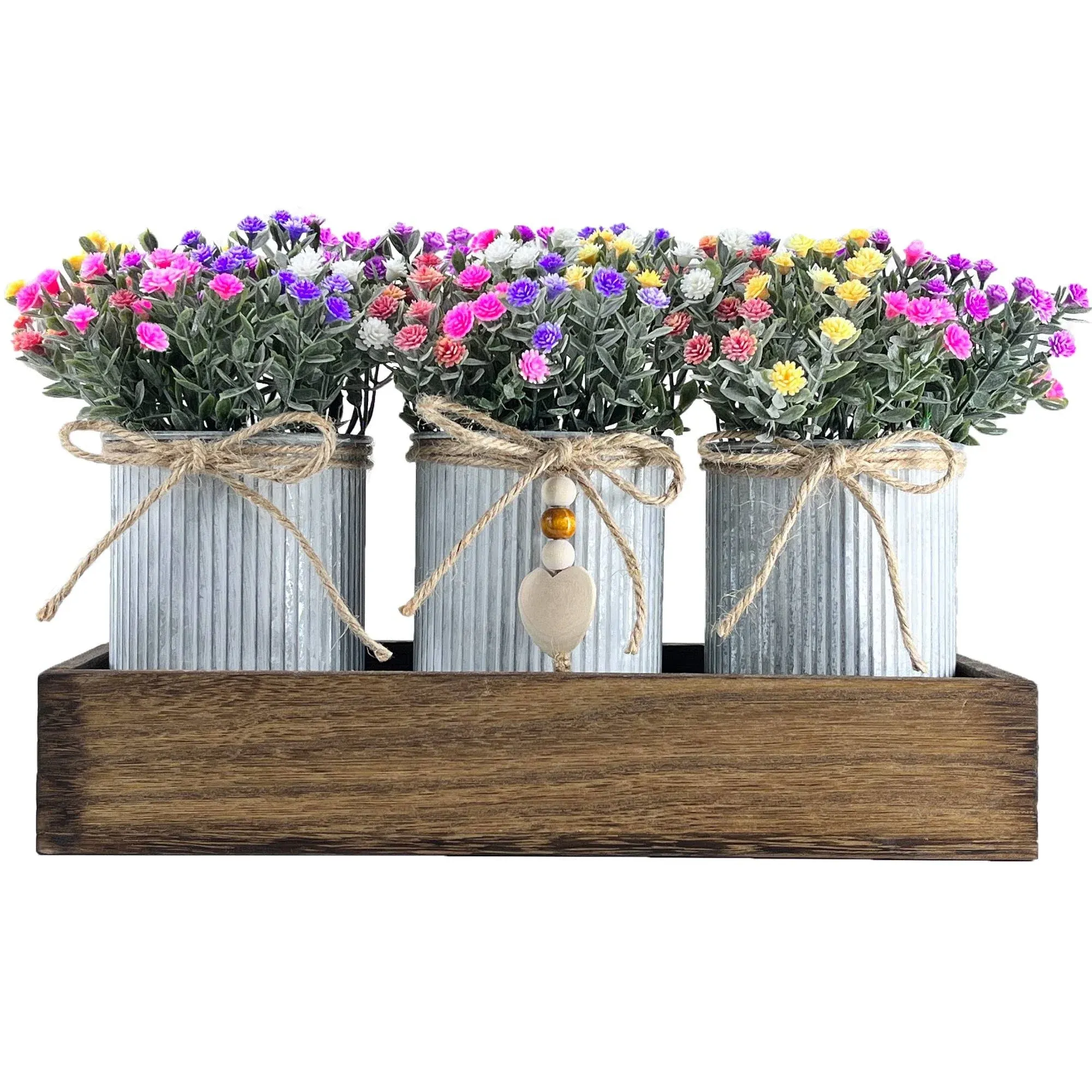 CALAVAK Decorative Centerpiece Wooden Tray with 3 Metal Potted Artificial Milan Flowers Rustic Country Farmhouse Décor for Dining Room, Living Room and Kitchen Table