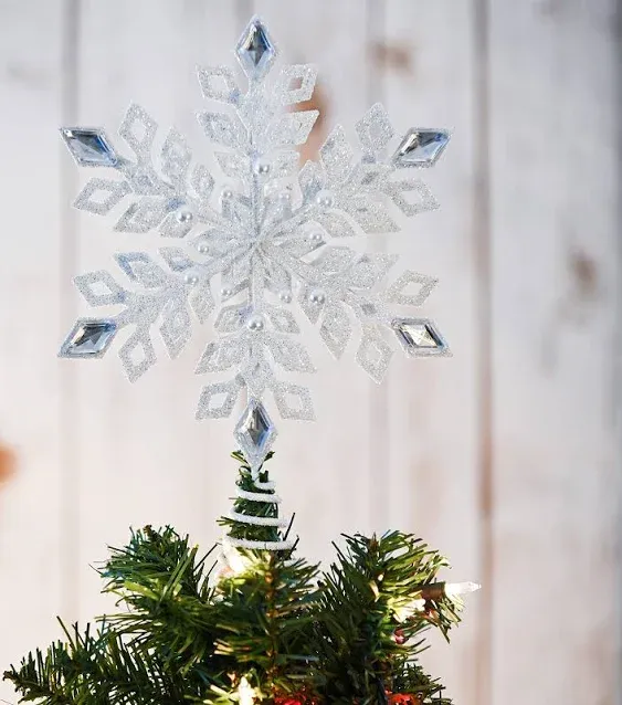 Ornativity Glitter Snowflake Tree Topper - White Sparkling Christmas Tree Decoration with Gem Design