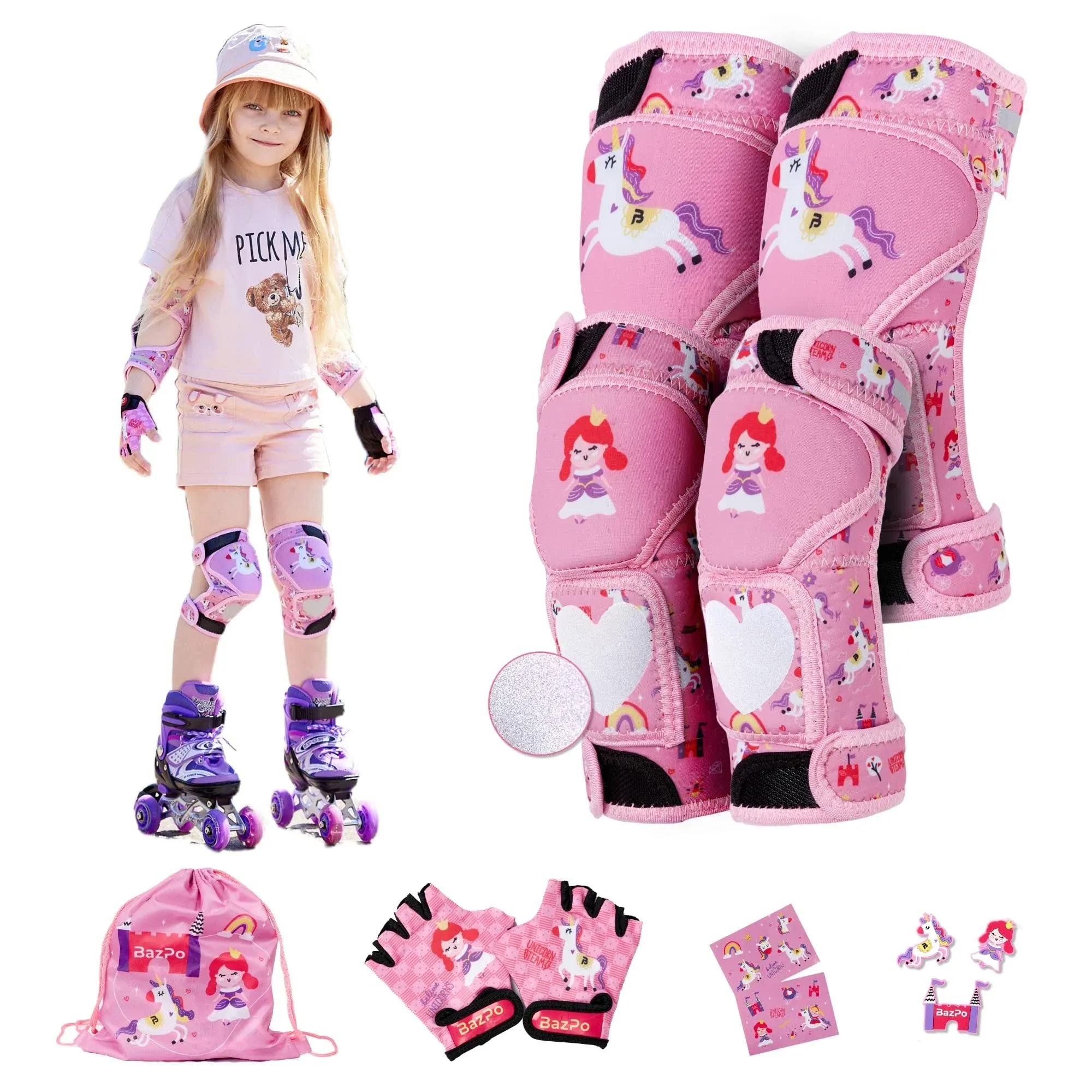 Kids Knee Pads and Elbow Pads Set | Glow in The Dark Elbow and Knee Pads Kids 3-5 Years | Reflective Skateboard, Roller Skate and Bike Knee Pads for Girls | Princess - Unicorn Guards (S-Size)