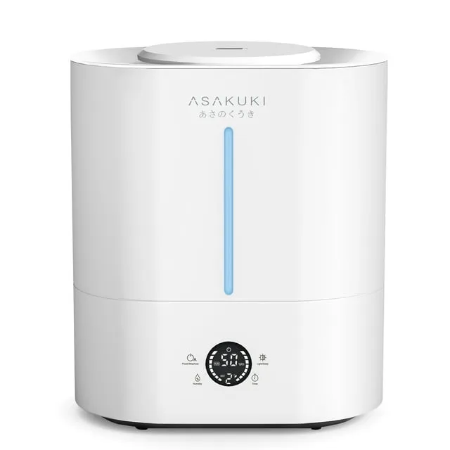 ASAKUKI Humidifiers for Bedroom Large Room, 4L Cool Mist Top Fill Humidifier with LED Display & Oil Diffuser, Humidity Control, Sleep Mode, Ultrasonic Humidifier Quiet for Baby, Kids, Plants, White