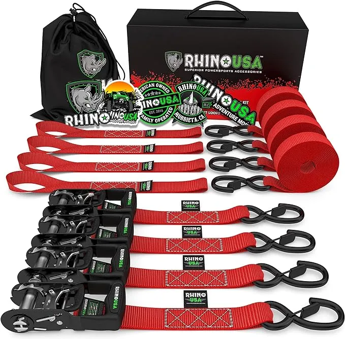 Rhino USA 1.6" x 8' HD Ratchet Tie-Down Set (4-Pack) - 5,208lbs Break Strength (5in H, 10 lb)