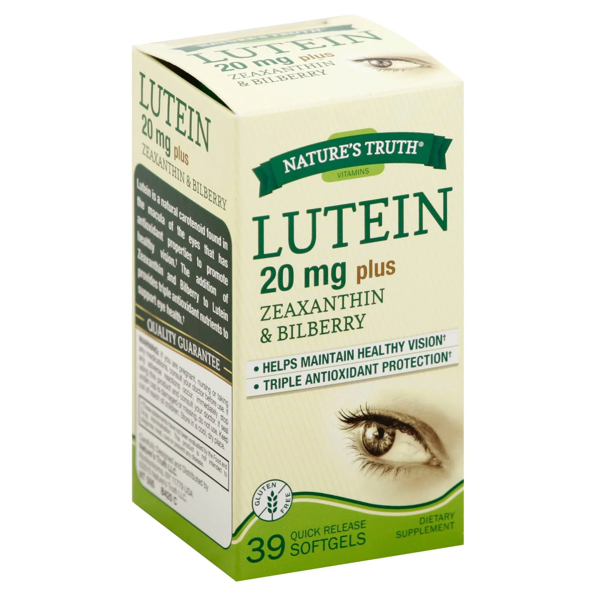 Lutein and Zeaxanthin with Bilberry | 20 mg | 39 Softgels | Non-GMO & Gluten Free Supplement | by Nature's Truth