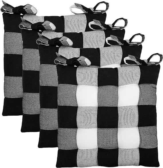 COTTON CRAFT Chair Cushion Pads - Set of 4 - Buffalo Gingham Check - Dining Kitchen Office Chair Seat Cushion with Ties - Durable Cotton Fabric - Thick Comfy Poly Fill - Indoor Use - 17x17 in – Black