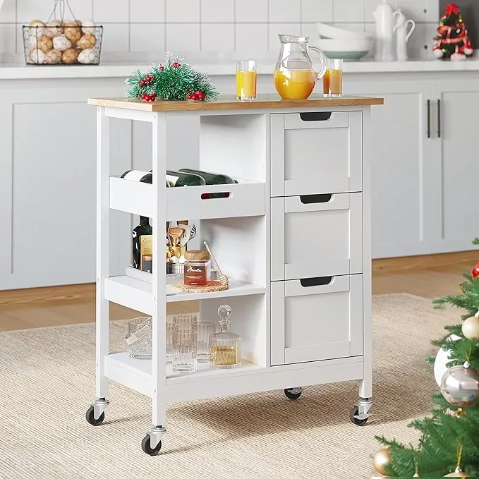 YITAHOME Small Solid Wood Top Kitchen Island Cart on Wheels with Storage, Rolling Portable Dining Room Serving Utility Carts Mobile Movable with 3 Drawers Cabinet, Oak & White