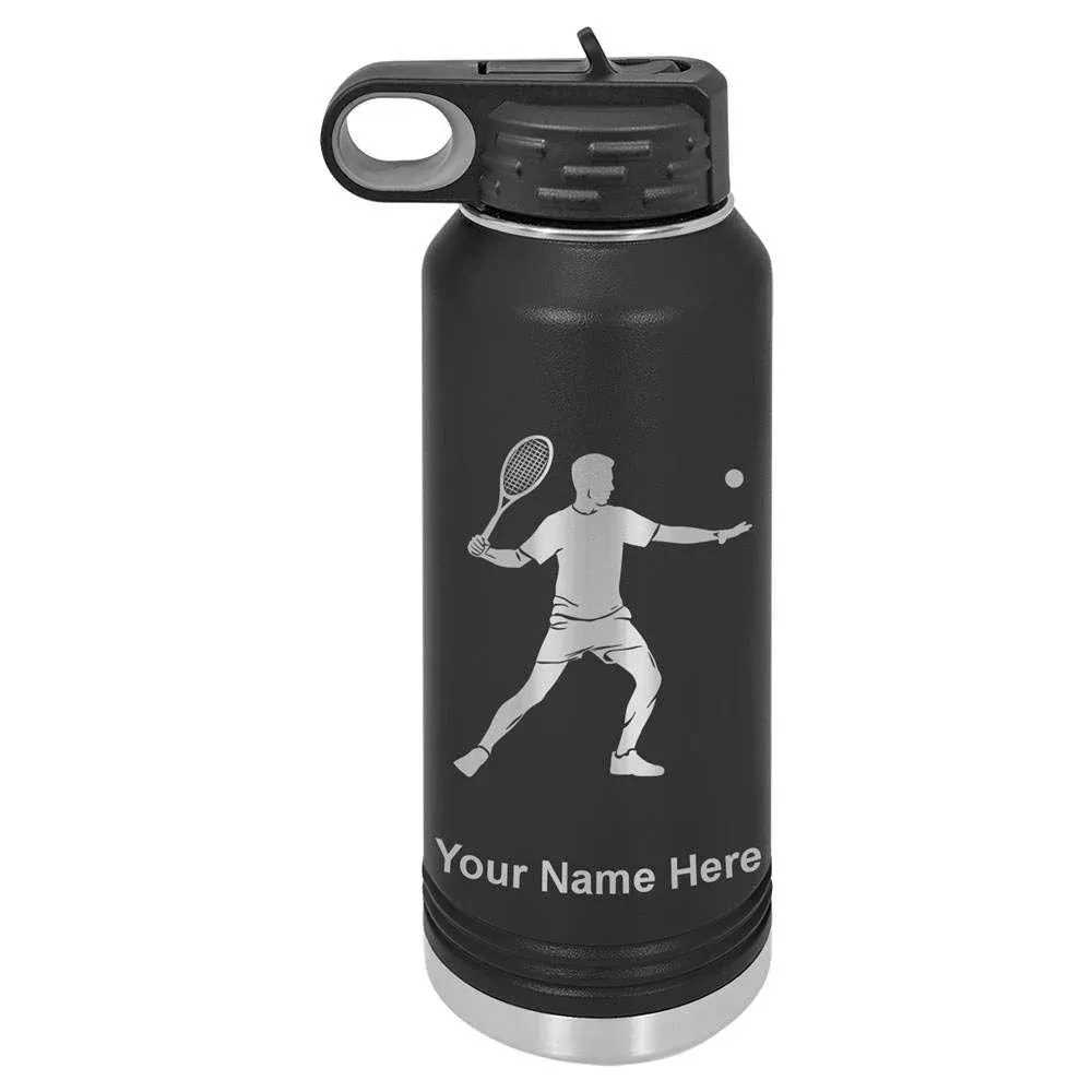 32oz Double Wall Flip Top Water Bottle with Straw, Tennis Player Man, Personalized Engraving Included