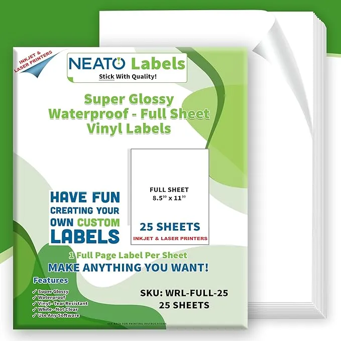 Printable Vinyl Sticker Paper (8.5" x 11") - 25 Super Glossy Waterproof Labels for Inkjet and Laser Printers - Premium White Full Sheets - Strong Adhesive - Tear Resistant