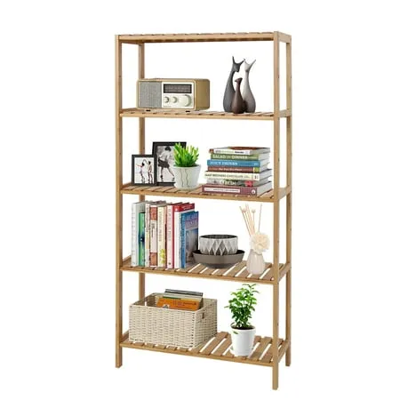 kinbor 5-Tier Bamboo Bathroon Shelf - Bamboo Shelf Storage Shelving Rack Utility Shelf Multifunctional Bamboo Rack for Bathroom Kitchen Living Room