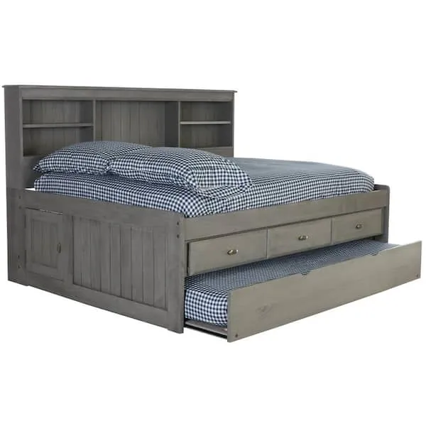 Os Home and Office Furniture Model 83223-3-KD, Solid Pine Full Daybed with Three Drawers and Twin Trundle in Charcoal Gray