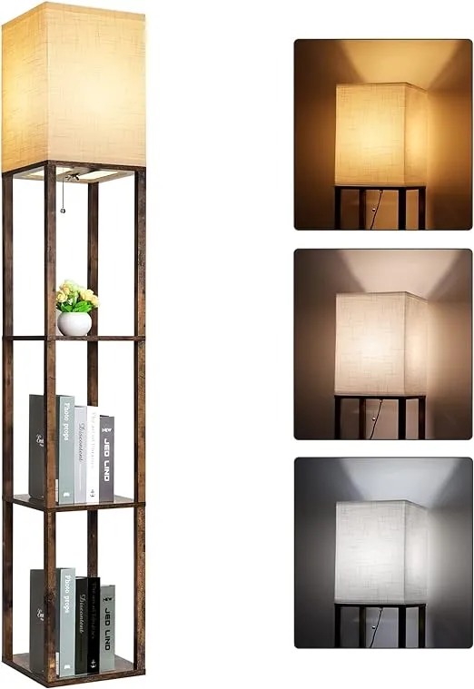 RUNTOP Floor Lamp with Shelves, Modern Shelf Lamp for Display Storage, 3 Color Temperature Wood Narrow Standing Corner Lamp with 8W Bulb for Living Room, Bedroom, Office(Brown)