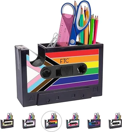 Novelty 80’s Cassette Tape Dispenser & Pen Supply Holder - Funny Supplies & Desk Accessories for Home, School, Office - Cute Gift for Men & Women - 6.70" x 1.98" x 4.53" (Progress Pride Flag)