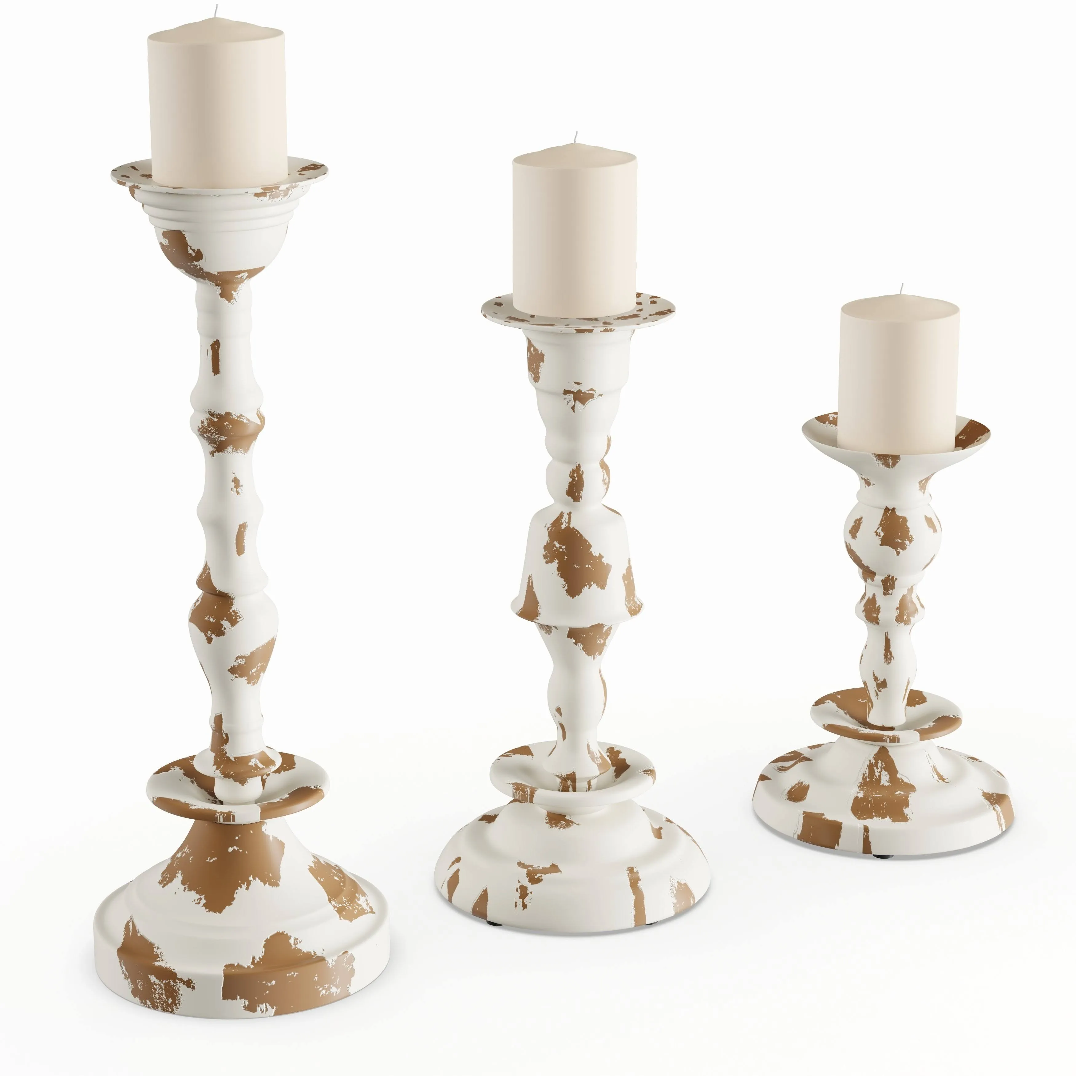 Set of 3 Rustic 10 13 and 16 inch White and Brown Candle Holders