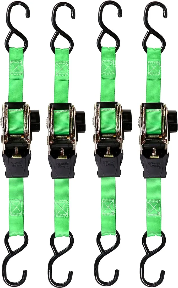 SmartStraps Retractable Ratchet Tie Down Straps (4 PK) 1,500lb Break Strength, 500lb Safe Work Load, Standard Duty, Secure and Haul ATVs, Lawn Tractors, Cargo, Boxes and Other Small Equipment