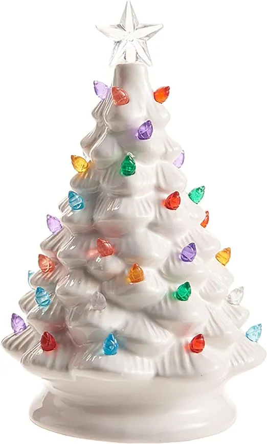 Red Green Blue Clear Holiday Tree Lighted 8 inch Ceramic Decorative Tabletop Figurine
