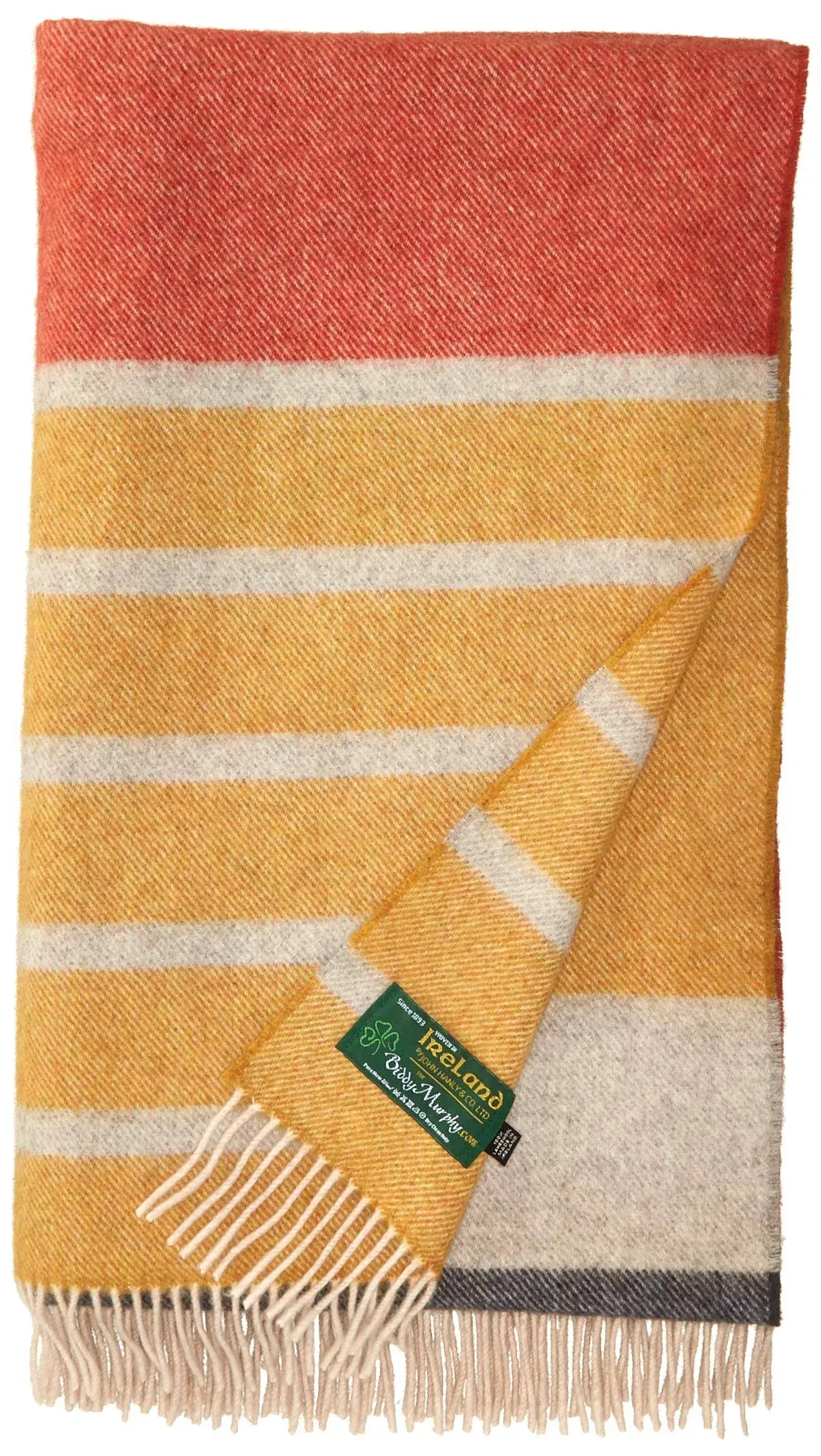 Biddy Murphy, Soft 100% Irish Merino Wool Throw Toss Blanket, 75" x 58" Inches, Imported from Ireland, Traditional Celtic Style, Heirloom Quality, Yellow Stripe