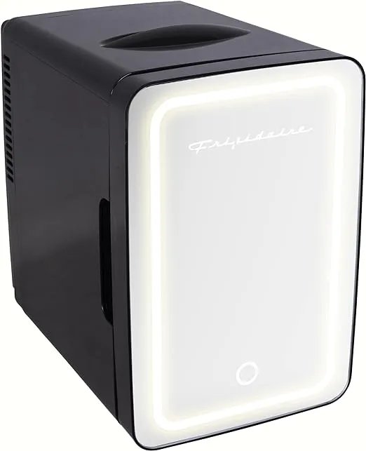 FRIGIDAIRE EFMIS170-BLACK, Mini Portable Compact Personal Lighted Mirror Fridge Cooler, 10 L Capacity Chills 15 Cans, 100% Freon-Free & Eco Friendly, Make-up, 2022 Version, Black