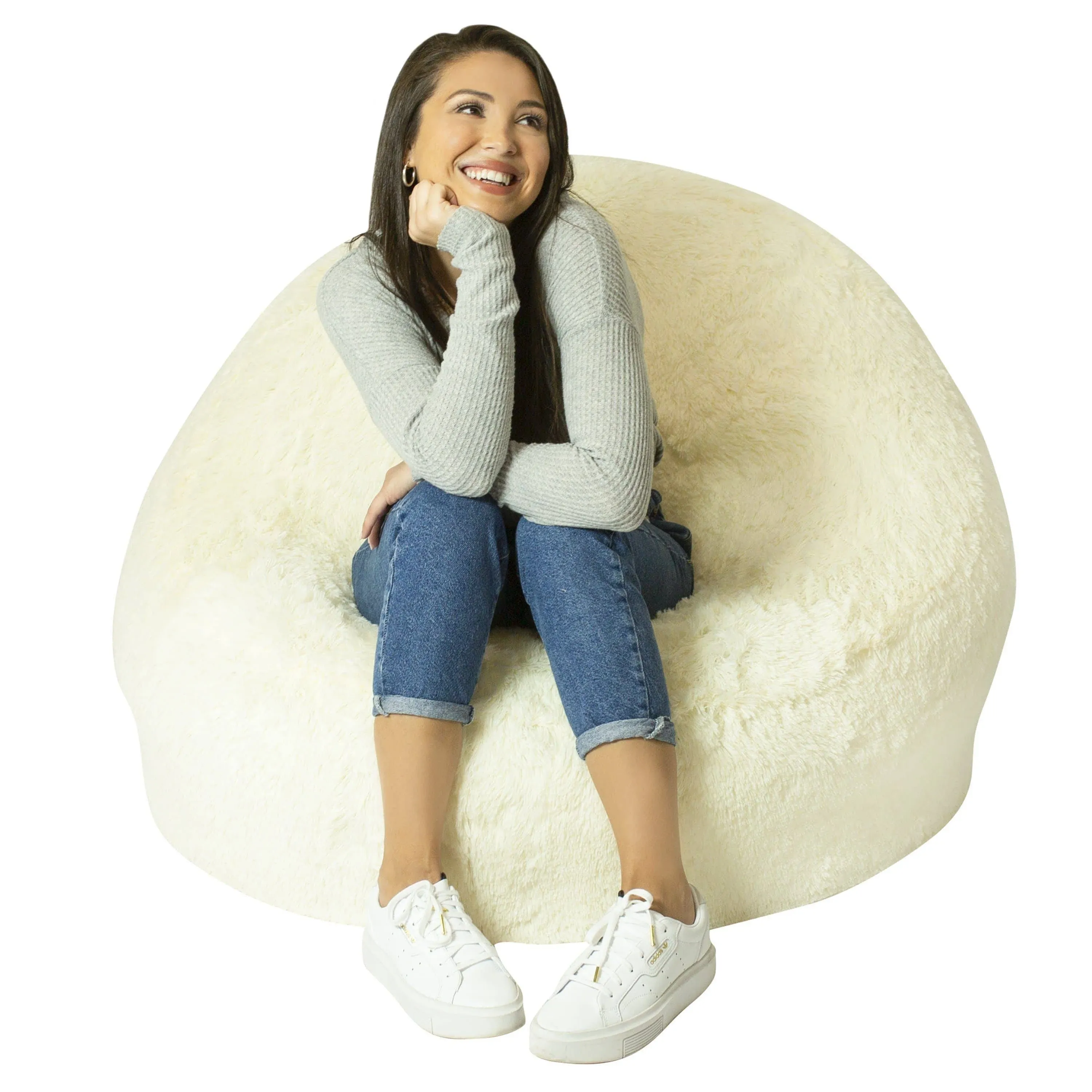 Air Candy Mongolian Faux Fur Ivory White Inflatable Chair, Premium, Soft, Fluffy Fur, Contemporary Design for Bedroom, Dorm, Living Room, Gaming, Removable and Washable Fur Cover