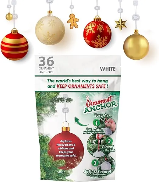 ORNAMENT ANCHOR Ornament Hooks for Hanging Christmas Decorations - No-Slip Hanging Hooks for Xmas - Heavy Duty Christmas Tree Ornaments Hanger Hooks for Large 36 Ornament Anchors White