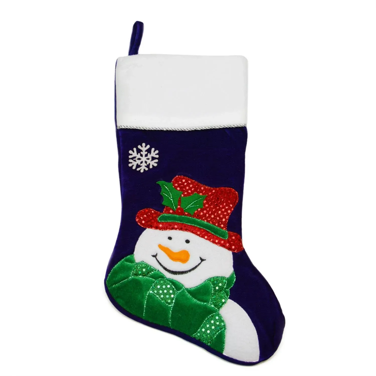 20" Royal Blue Embroidered Velveteen Snowman Christmas Stocking with White Cuff