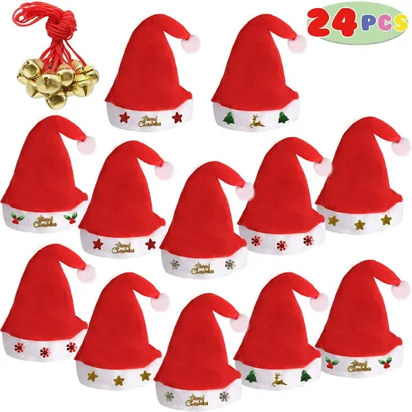 12 Fancy Christmas Santa Hats with 12 Jingle Bell Necklaces Bulk for Christmas Party Favor Photo Booth; One Size Fits All.