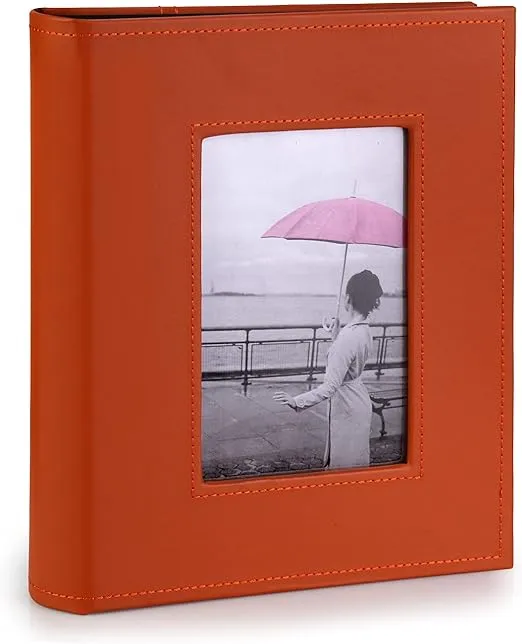 KV.D Kleer Vu Photo Album, Leatherette Hand Crafted Collection, Holds 200 4x6 Photos 2 Per Page, with Large Frame Front Window on Cover (Orange Camel)