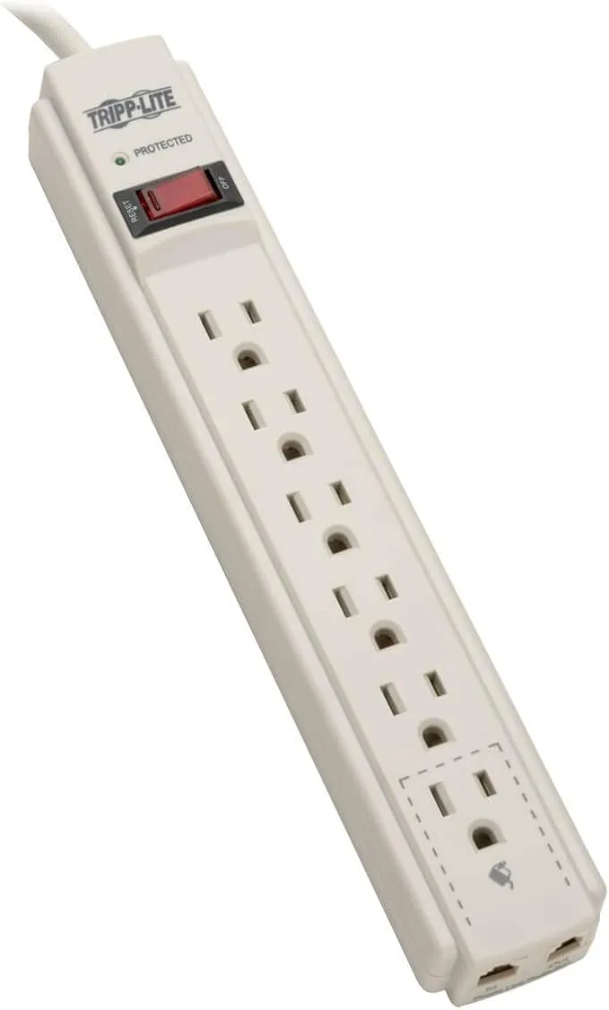 Tripp Lite 6 Outlet Surge Protector Power Strip, 4ft Cord, Tel/Fax/Modem Protection, RJ11, $20,000 INSURANCE (TLP604TEL), Gray