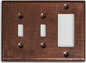 Monarch Abode 17012 Triple Switch Hand Hammered Toggle Rocker Combination Decorative Wall Plate Switch Plate Outlet Cover, 3-Gang, Pure Copper