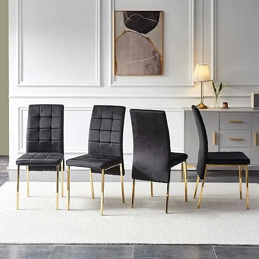 NORDICANA Upholstered Velvet Dining Chairs Classic Kitchen High Back Dinette Chairs Set of 4, Featured Dovetail Tufted Side Chairs, Golden Color Metal Legs, Black