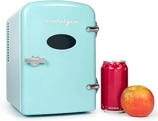 Nostalgia RF6RRAQ Retro 6-Can Personal Cooling and Heating Mini Refrigerator with Carry Handle for Home Office, Car, Boat or Dorm Room-Includes AC/DC Power Cords,,1 cubic feet, Aqua