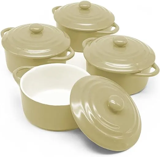 Kook Ceramic Mini Cocotte Set, Small Casserole Dishes with Lids and Handles, Individual Baking Ramekins, Oven, Microwave & Dishwasher Safe, Stoneware, 12 oz, Set of 4 (Cream)