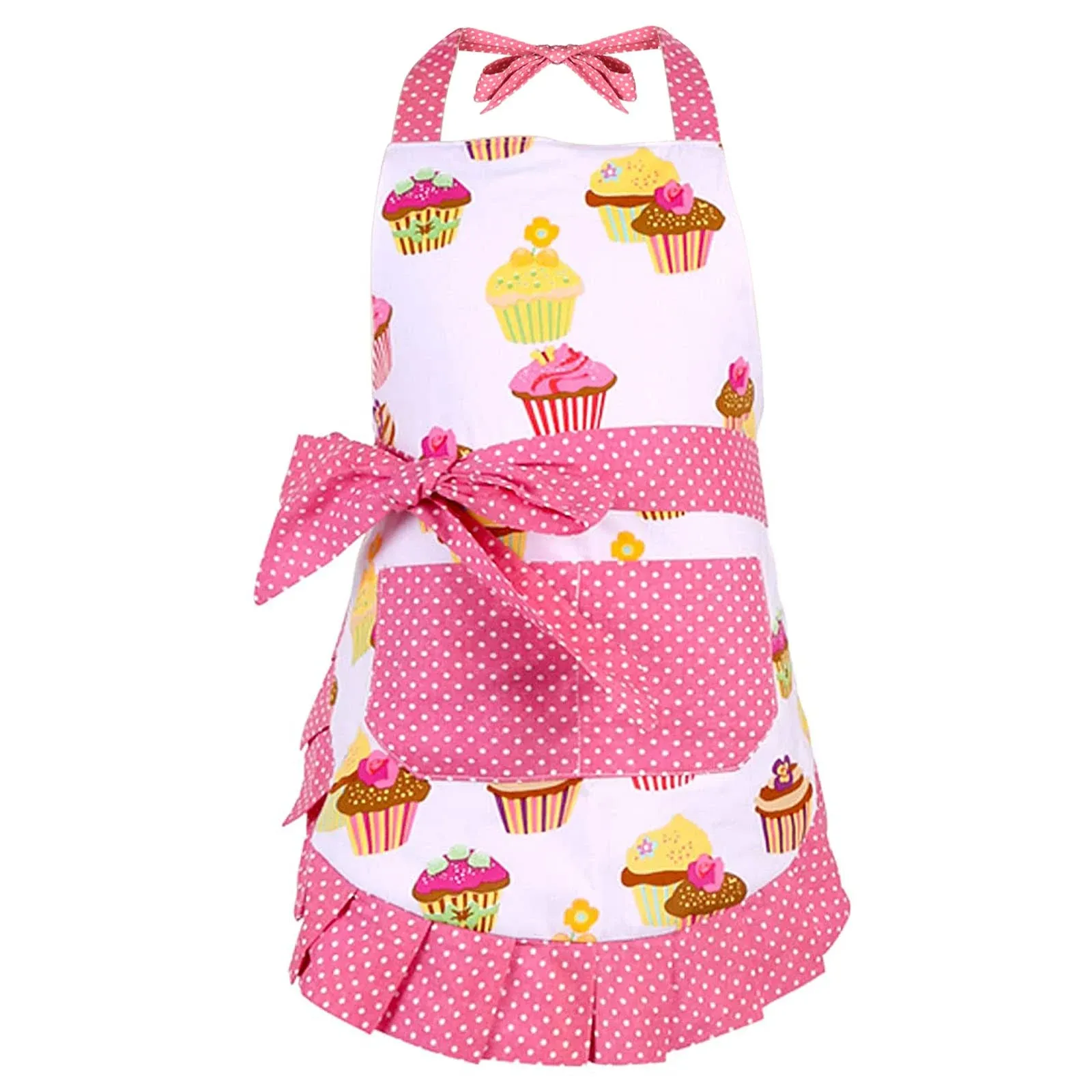 G2PLUS Cotton Aprons, Toddler Apron with Pocket, Cupcake Pattern Apron for Cooking, Baking, Xmas, Gardening (Pink)