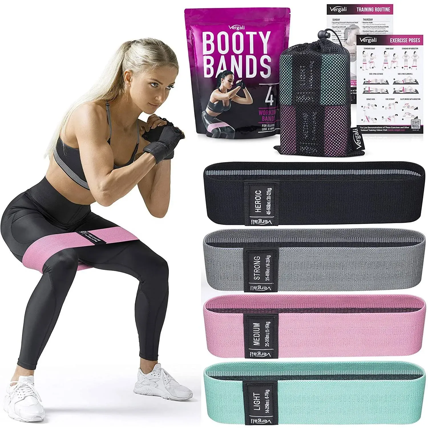 Vergali 4 Fabric Booty Exercise Bands for Women & Men