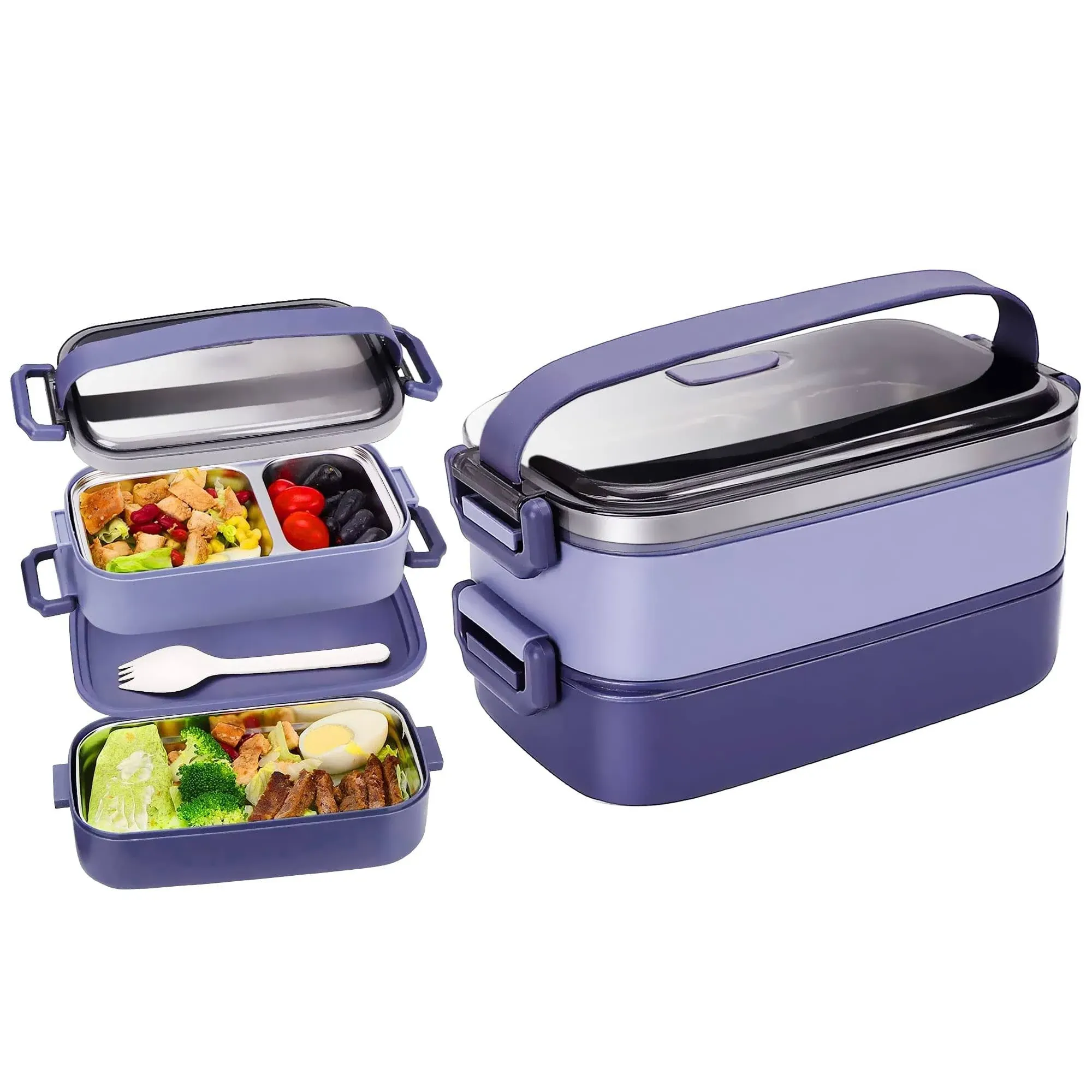 Stainless Steel Bento Box for Adults&Kids,Japanese Leakproof Lunch Box Divided Food Meal Storage Containers Set Stackable 2 Layer for Children School Picnic Blue