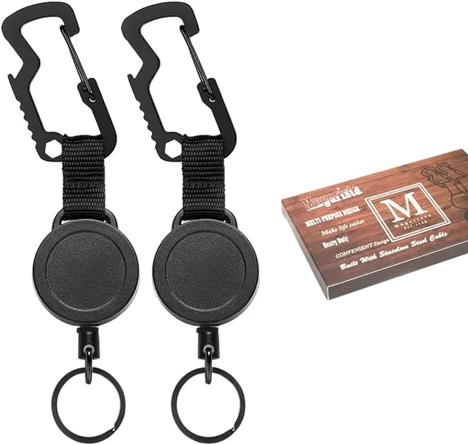 MNGARISTA 2 Pack Retractable Keychain, Multitool Carabiner Badge Holder, 8oz Retraction, Heavy Duty Badge Reel, Retractable Key Chain with Steel Cable and Key Ring, Black