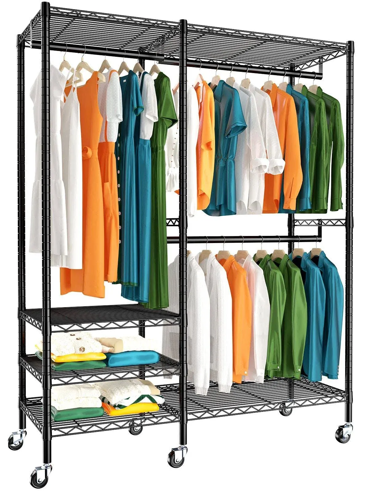 Raybee 79" H Clothing Rack with Wheels Load 770LBS Heavy Duty Clothes Racks for Hanging Clothes Portable & Adjustable Metal Garment Rack Closet 79" H x45 W x17 D,Black