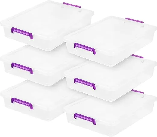 IRIS USA Plastic Storage Bins with Lids 6 Qt. Craft Organizers and Storage, Art Supply Storage Organizer, Arts and Crafts Organizer, Stackable and Secure Latch, Clear/Violet - 6 Pack