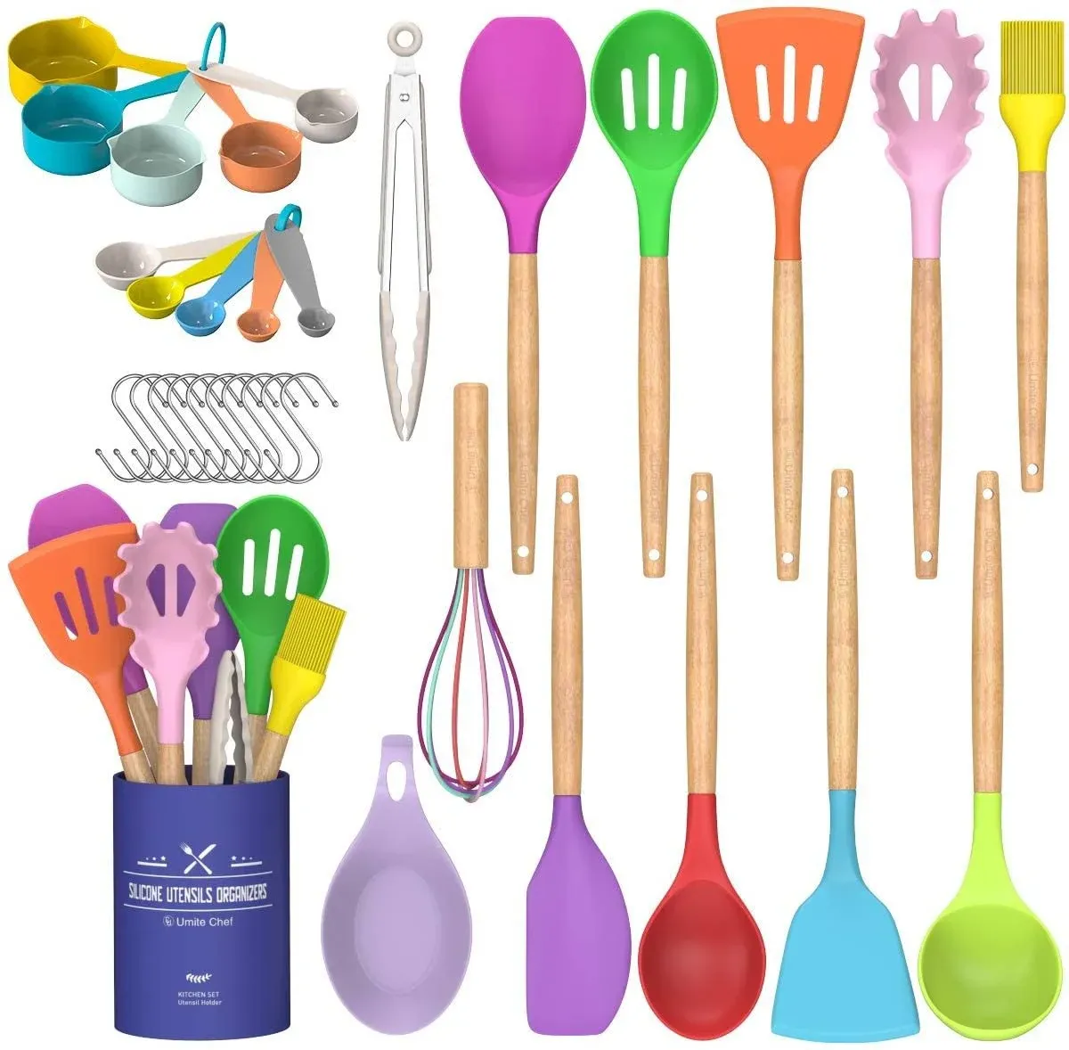 Umite Chef Kitchen Cooking Utensils Set 33 Pcs Non-Stick Silicone Cooking Kitchen Utensils Spatula Set with Holder Wooden Handle Silicone Kitchen